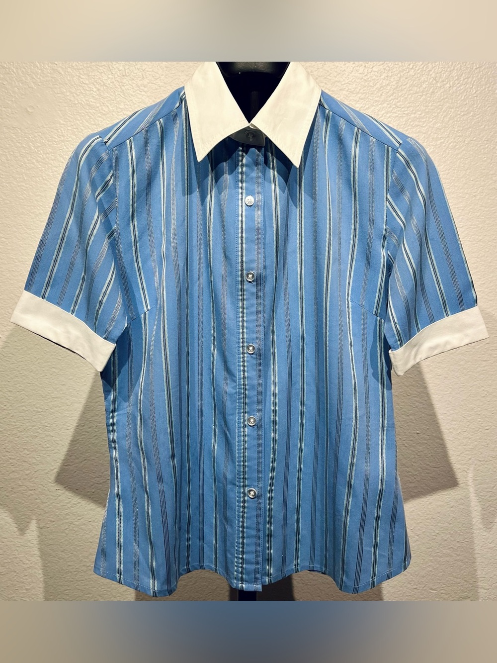 J. Jill Blue Stripe Short-Sleeve Button-Up with White Collar - Size L (Women’s)